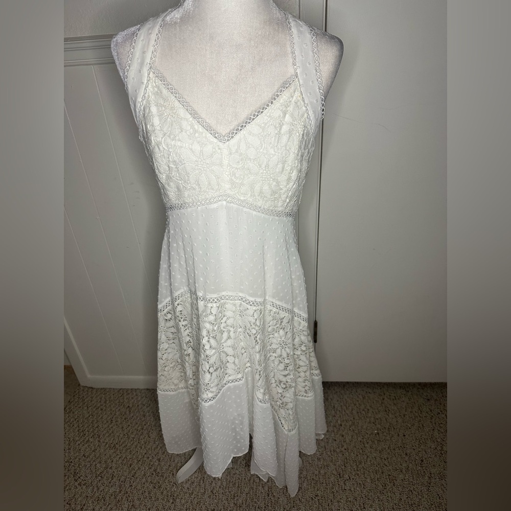 Taylor White Sleeveless Handkerchief Hem Lace Midi Dress SZ 12